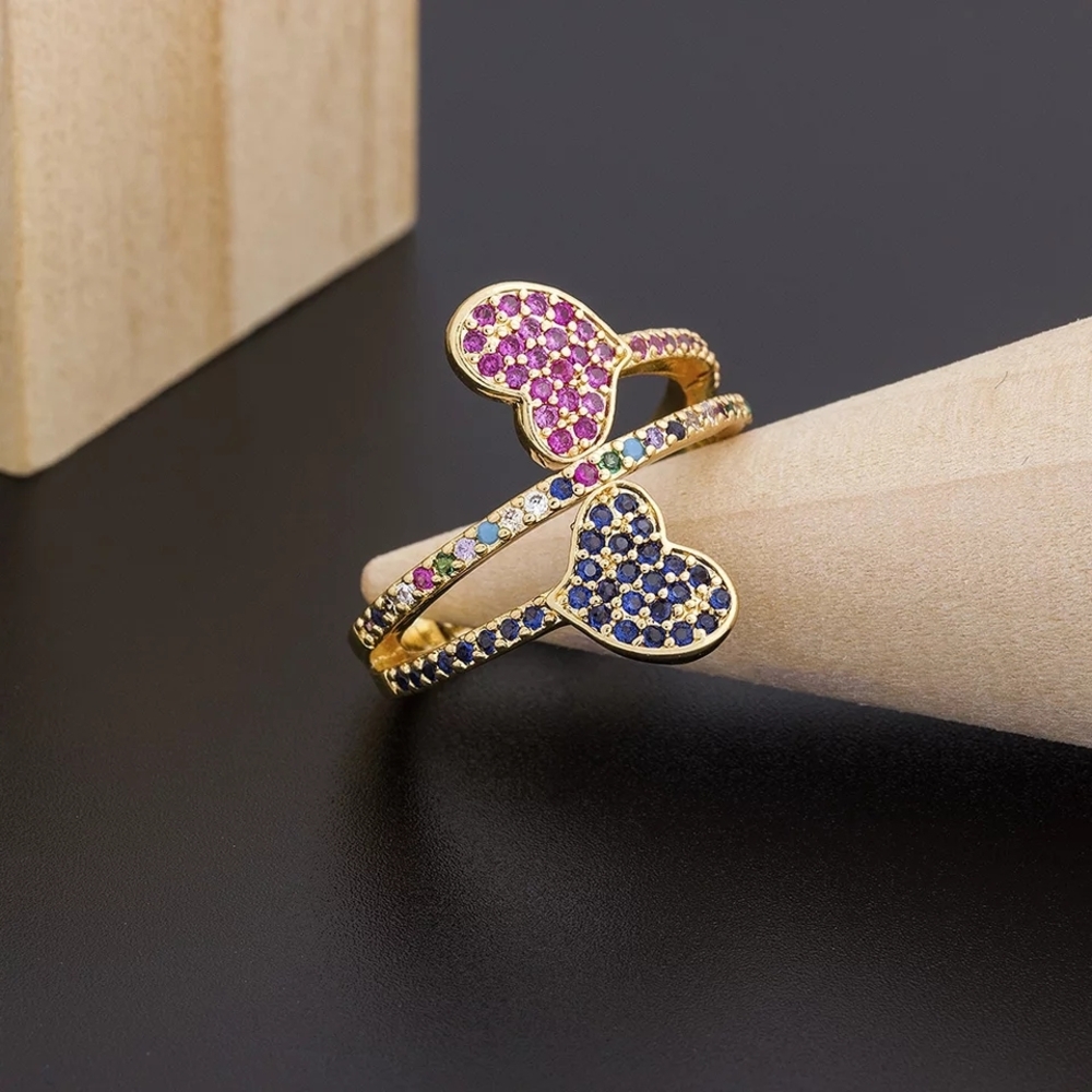 Gold Heart Ring with Pink and Blue Stones